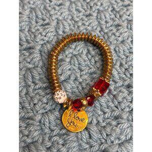 Goldtone Beaded Stretchy Bracelet Red Plastic Clear Rhinestones I Love You Charm